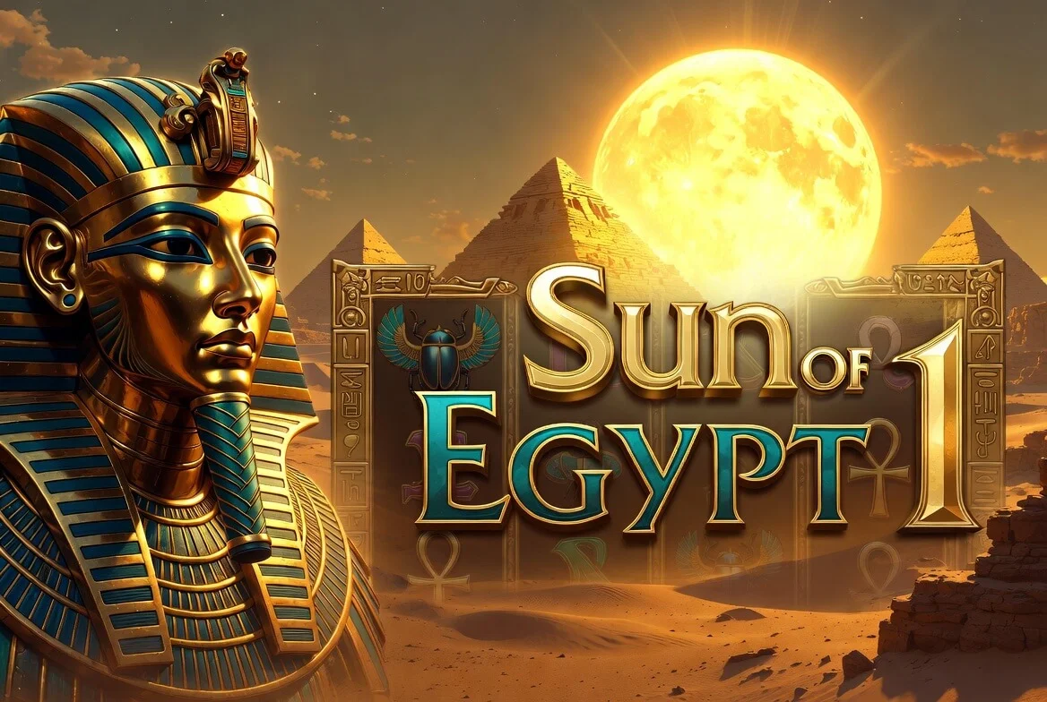 Sun of Egypt — интерфейс слота от 3 Oaks Gaming с символом солнца и пирамидами